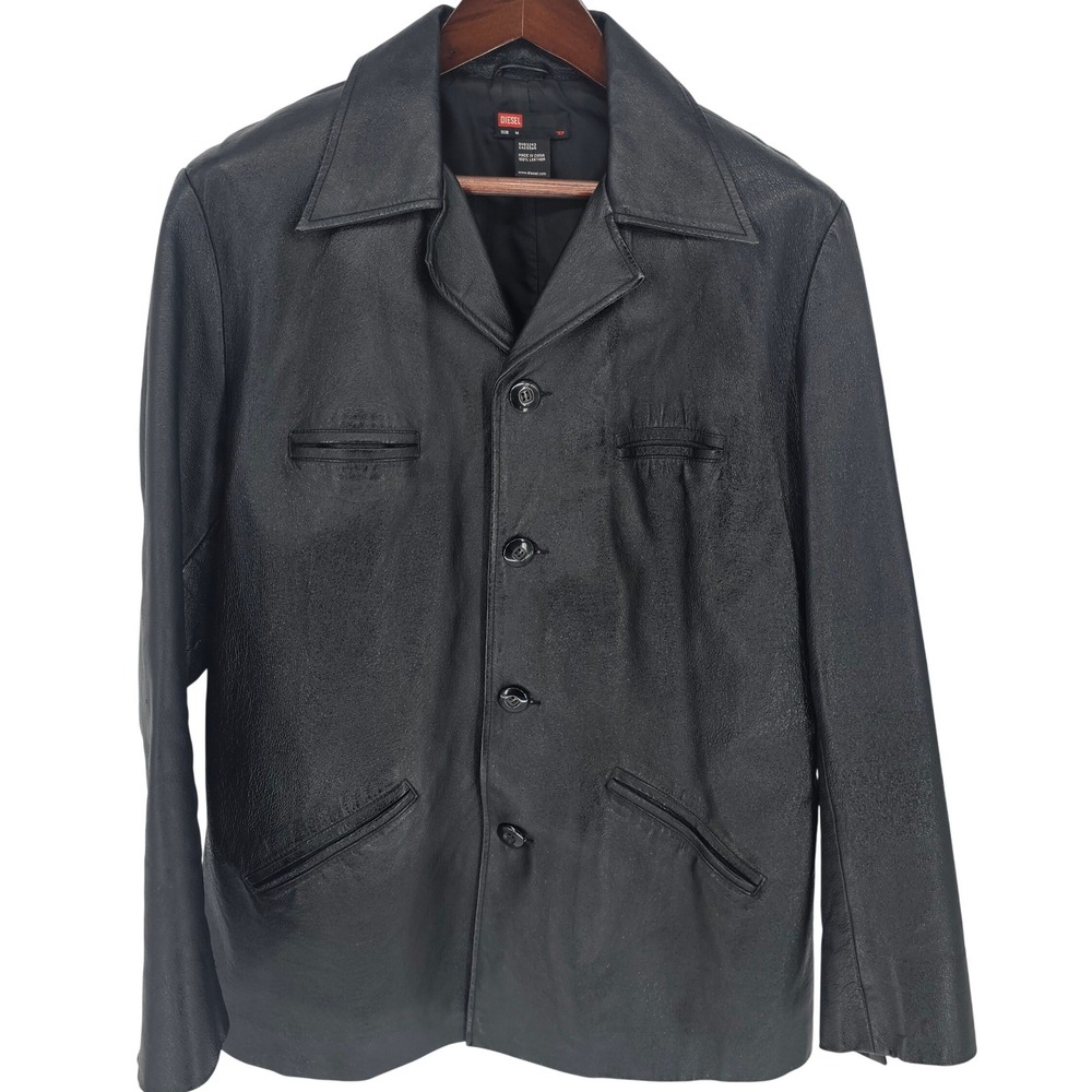Diesel Mens Black Leather Blazer Jacket Coat Button Front Notch Lapel Moto Style